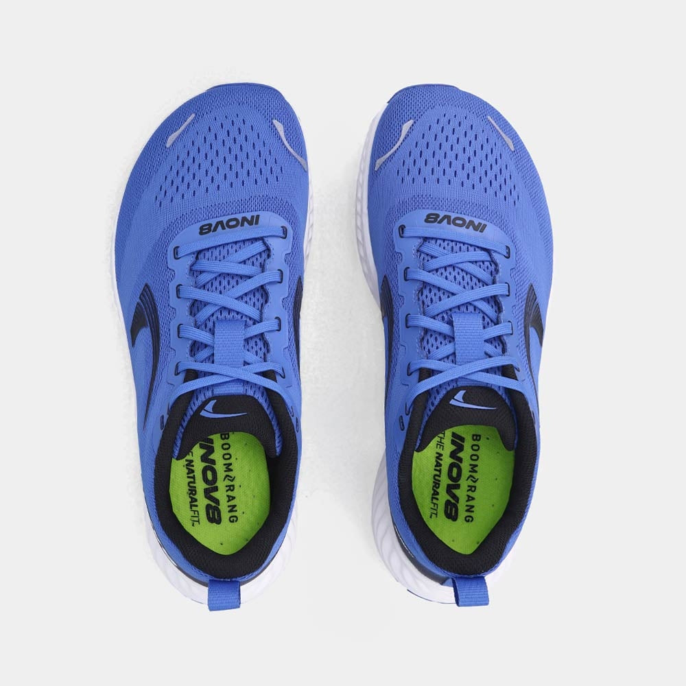 Pair of INOV8 RoadFly road running shoes, white and blue, top view