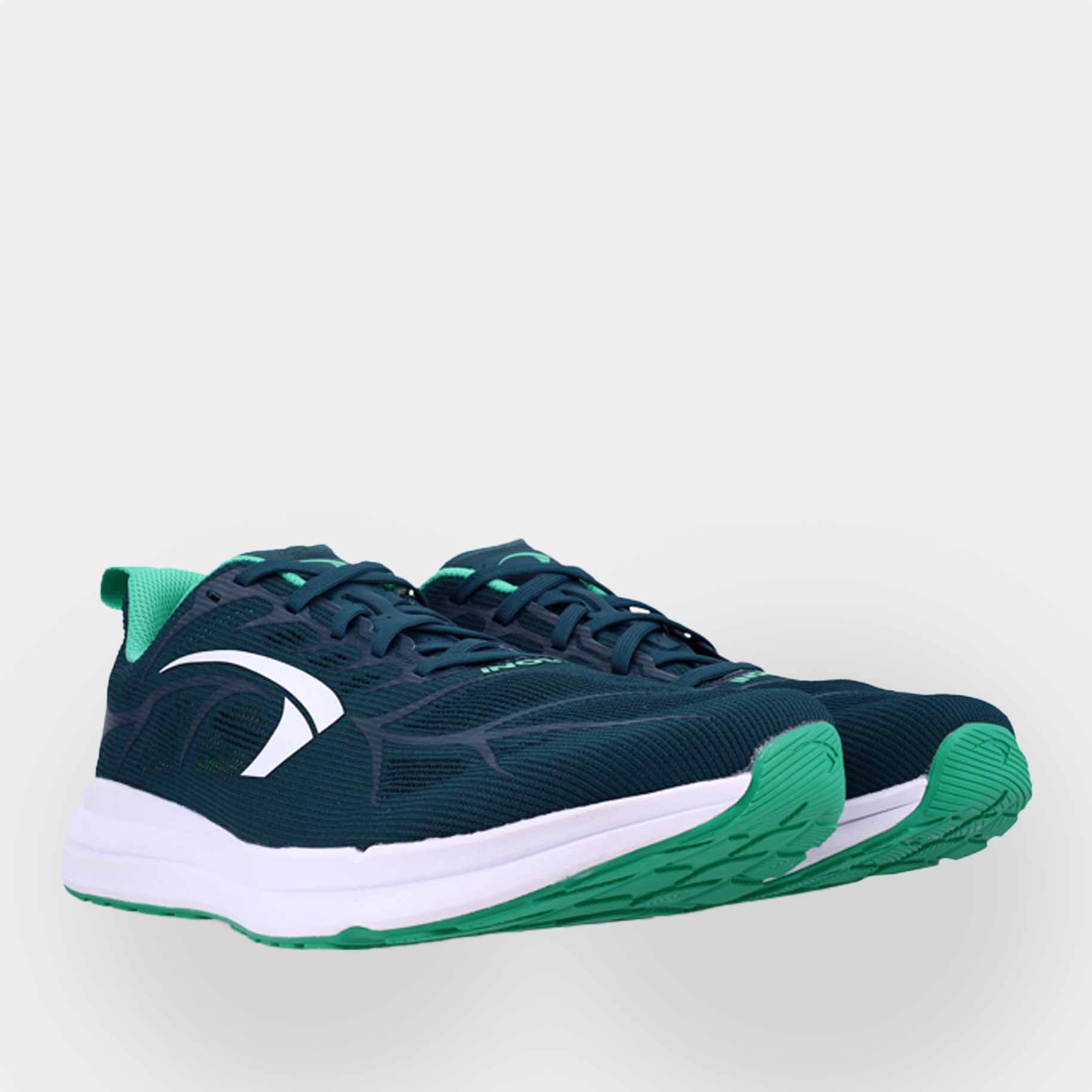 Pair of INOV8 RoadFly Zero road running shoes, dark teal and white, angled view
