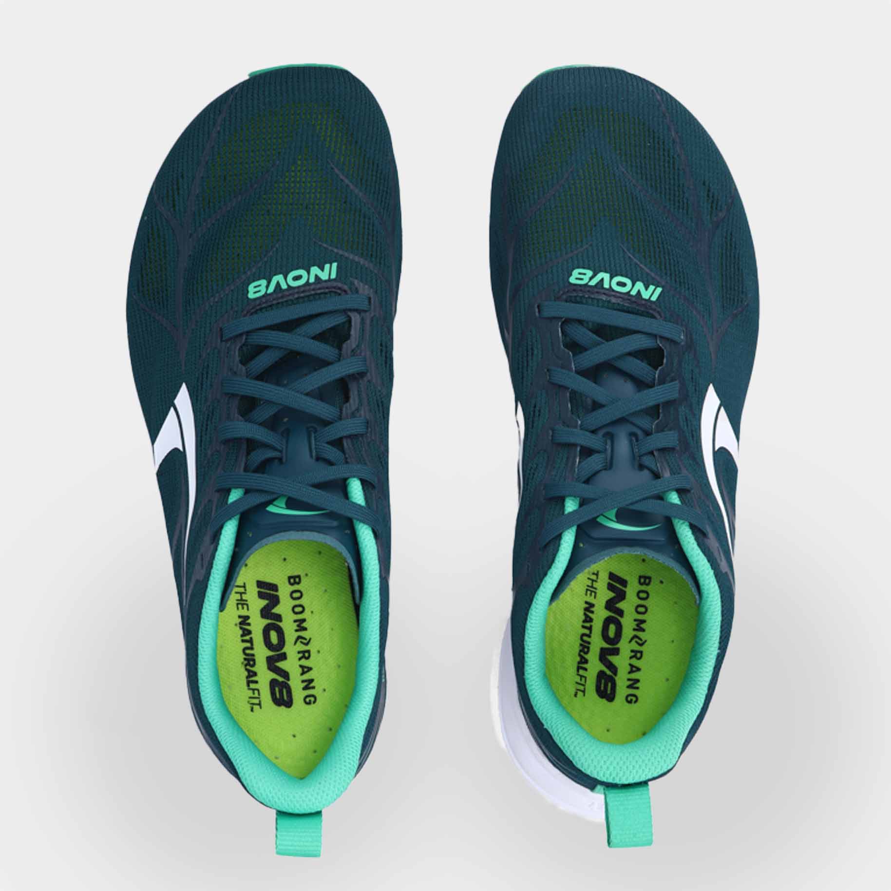 Pair of INOV8 RoadFly Zero road running shoes, dark teal and white, top view