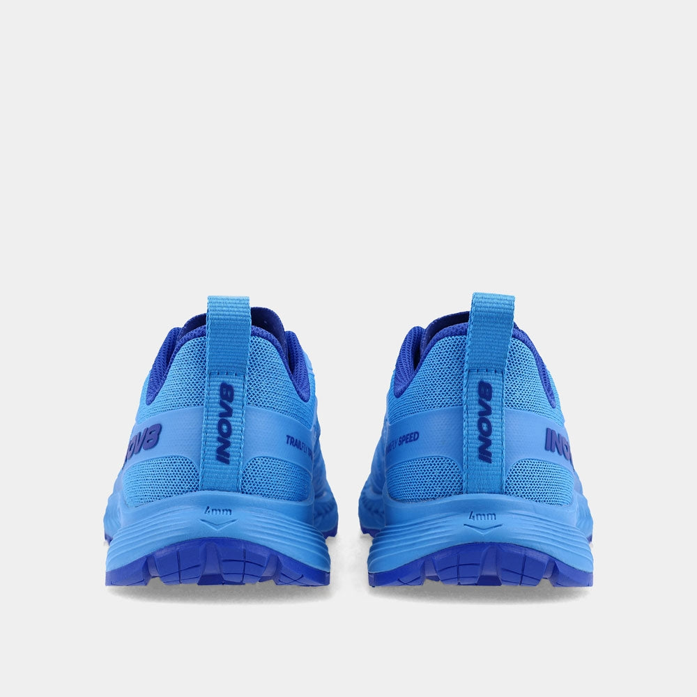 Pair of INOV8 TrailFly Speed V2 trail running shoes, blue, back view