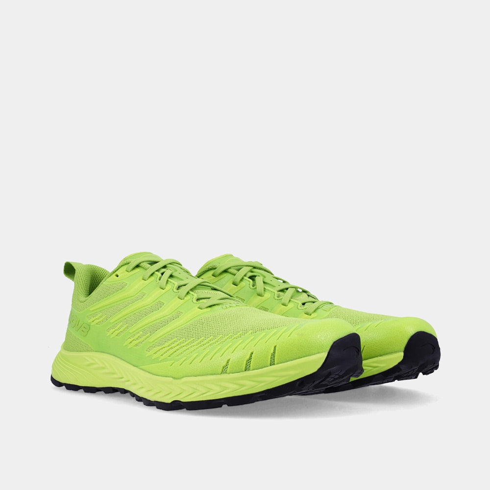 Pair of INOV8 TrailFly Speed V2 trail running shoes, green, angled view