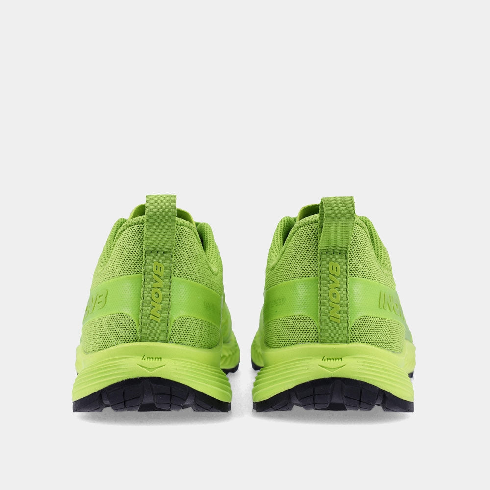 Pair of INOV8 TrailFly Speed V2 trail running shoes, green, back view