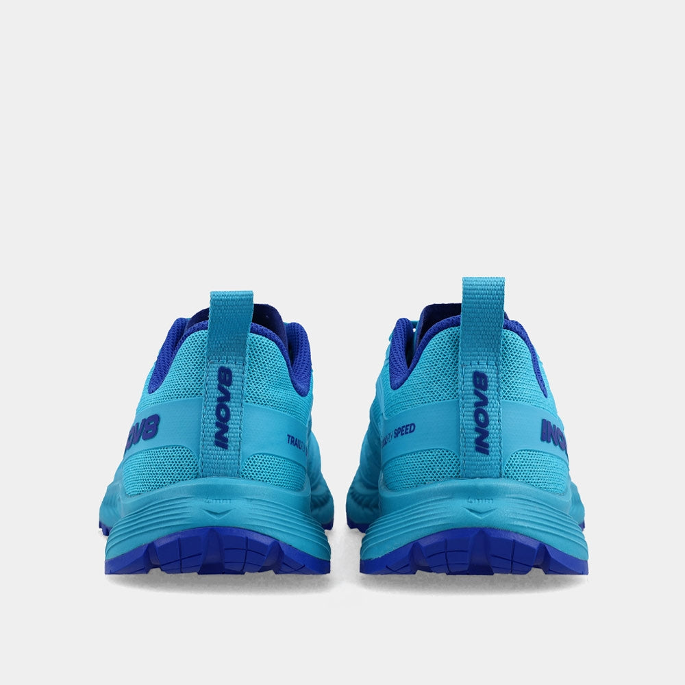 Pair of INOV8 TrailFly Speed V2 trail running shoes, teal, back view