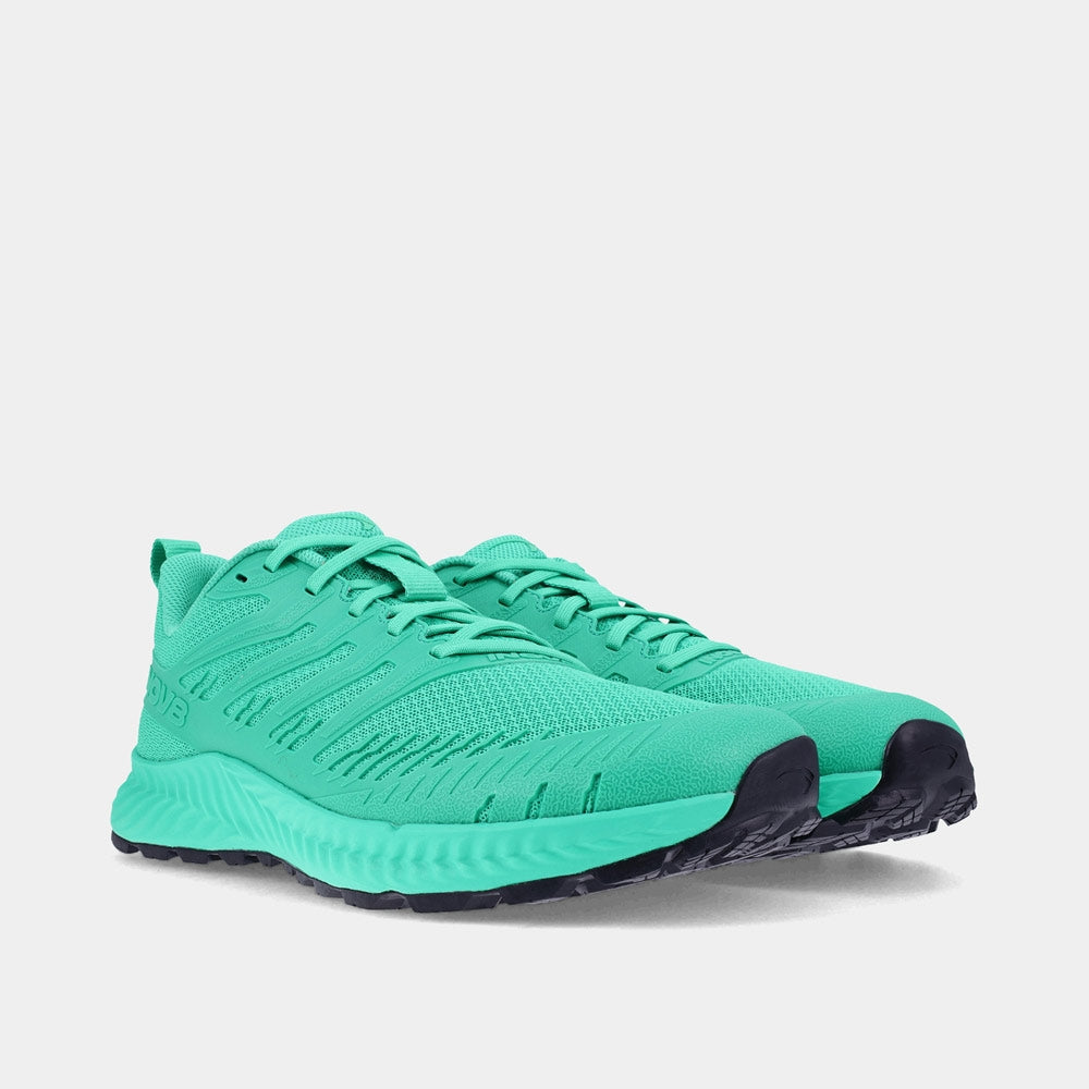 Pair of INOV8 TrailFly V2 trail running shoes, green, angled view