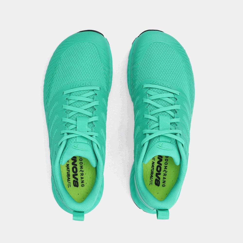 Pair of INOV8 TrailFly V2 trail running shoes, green, top view