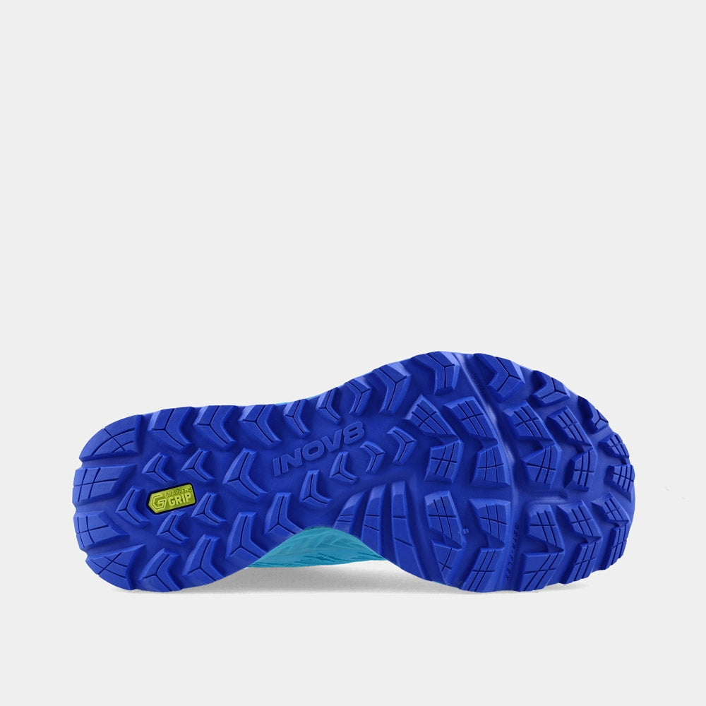 INOV8 TrailFly V2 trail running shoes, teal and blue, bottom view