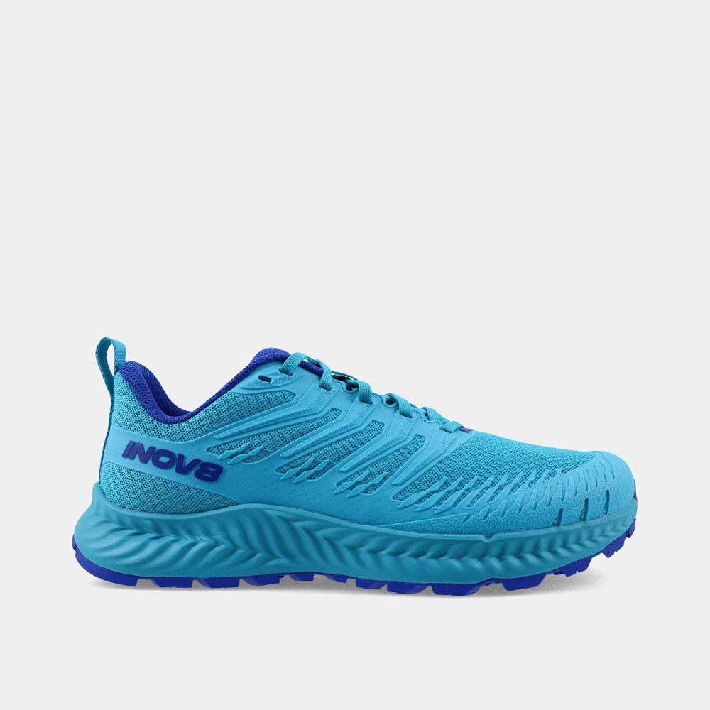 INOV8 TrailFly V2 trail running shoes, teal and blue, outer view