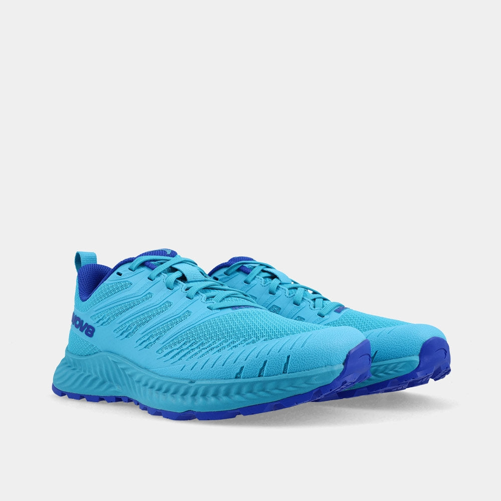 Pair of INOV8 TrailFly V2 trail running shoes, teal and blue, angled view