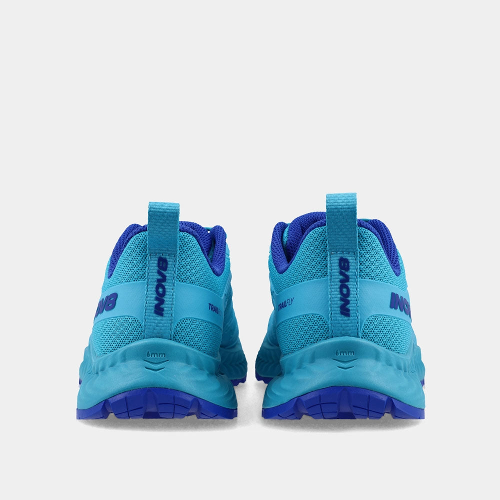 Pair of INOV8 TrailFly V2 trail running shoes, teal and blue, back view