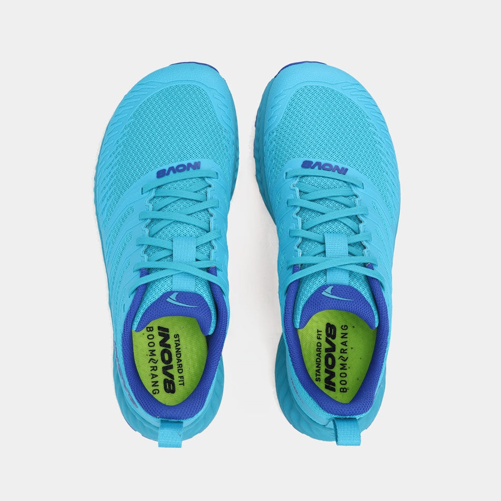 Pair of INOV8 TrailFly V2 trail running shoes, teal and blue, top view