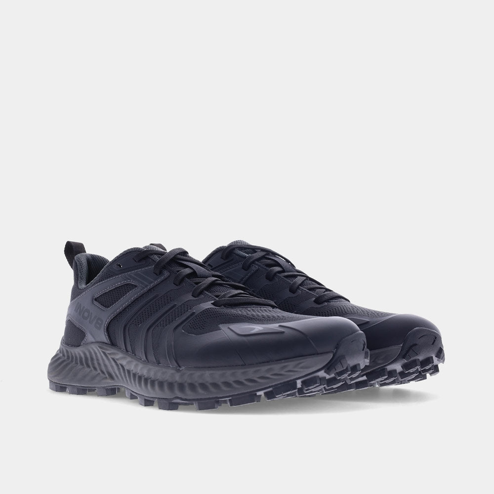 Pair of INOV8 TrailTalon trail running shoes, black, angled view