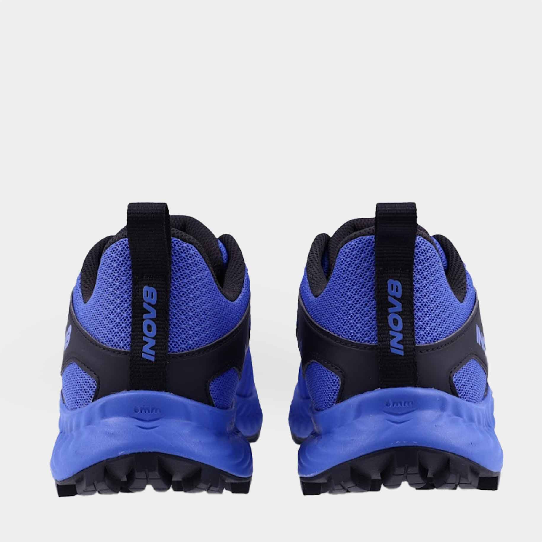 Pair of INOV8 TrailTalon trail running shoes, blue and black, back view