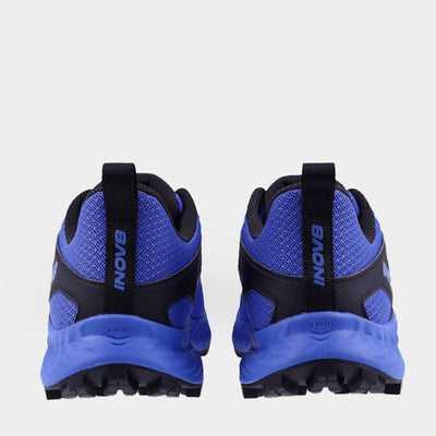 Pair of INOV8 TrailTalon trail running shoes, blue and black, back view