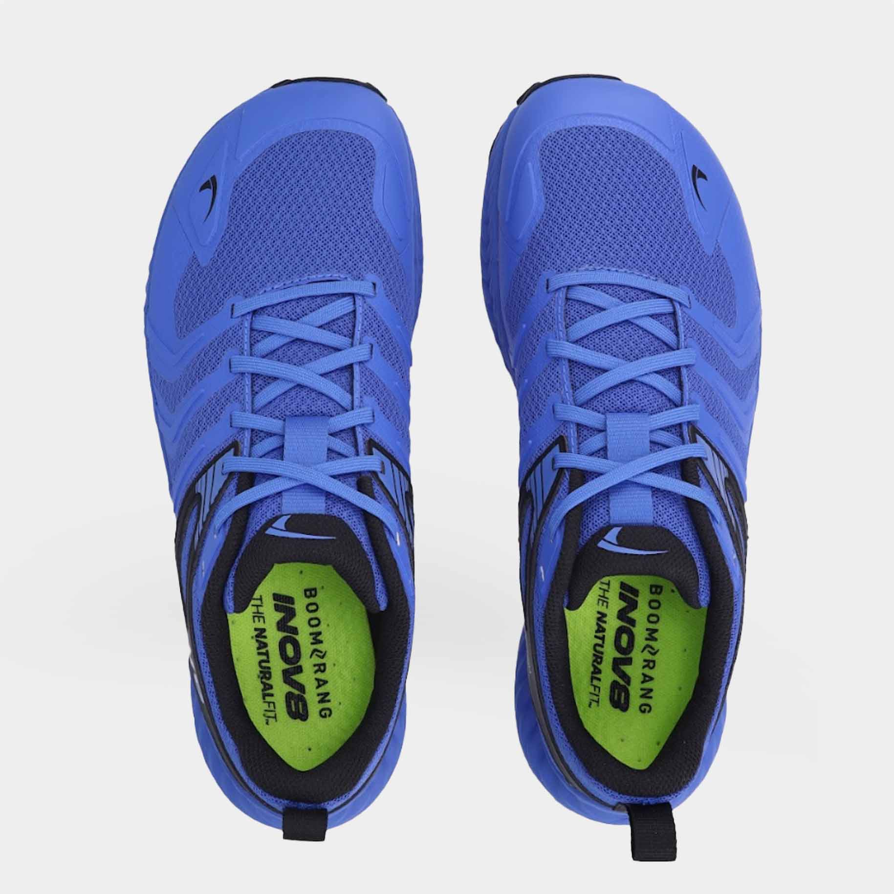 Pair of INOV8 TrailTalon trail running shoes, blue and black, top view