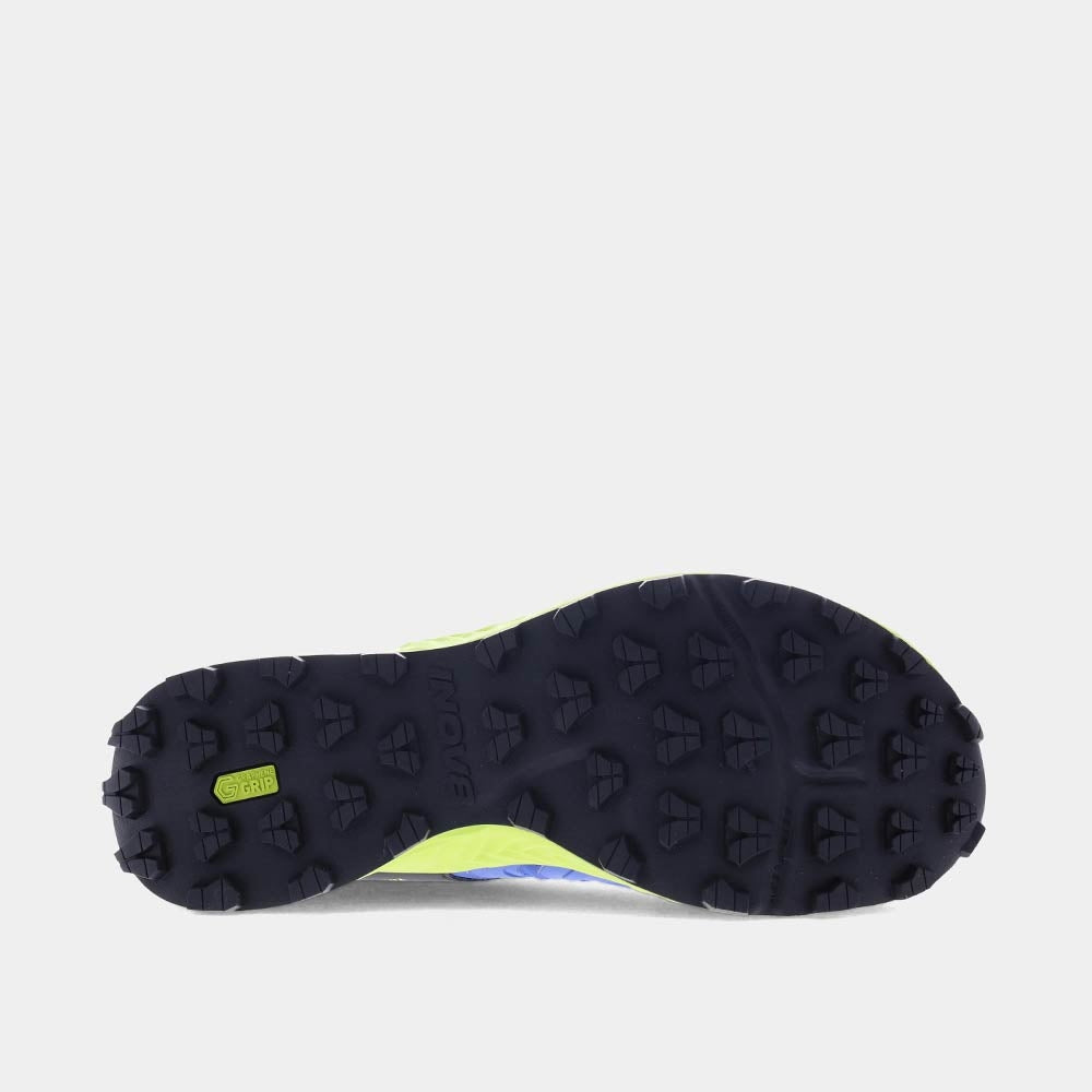 INOV8 TrailTalon trail running shoes, blue and lime, bottom view