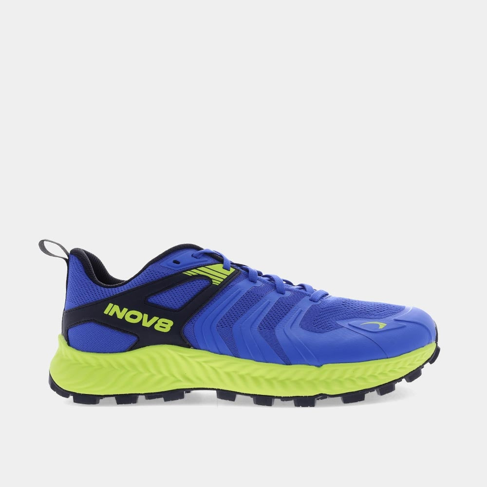 INOV8 TrailTalon trail running shoes, blue and lime, outer view