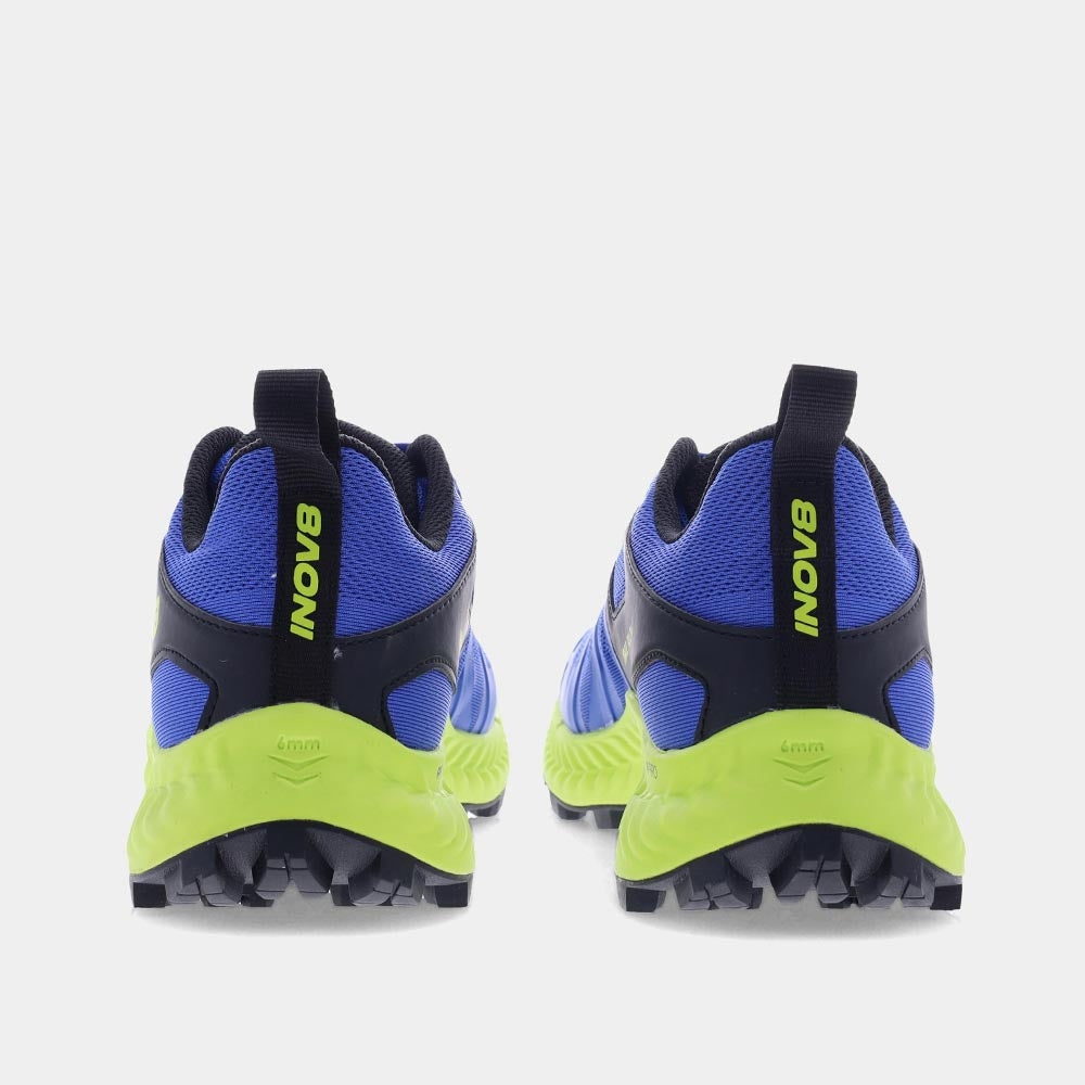 Pair of INOV8 TrailTalon trail running shoes, blue and lime, back view
