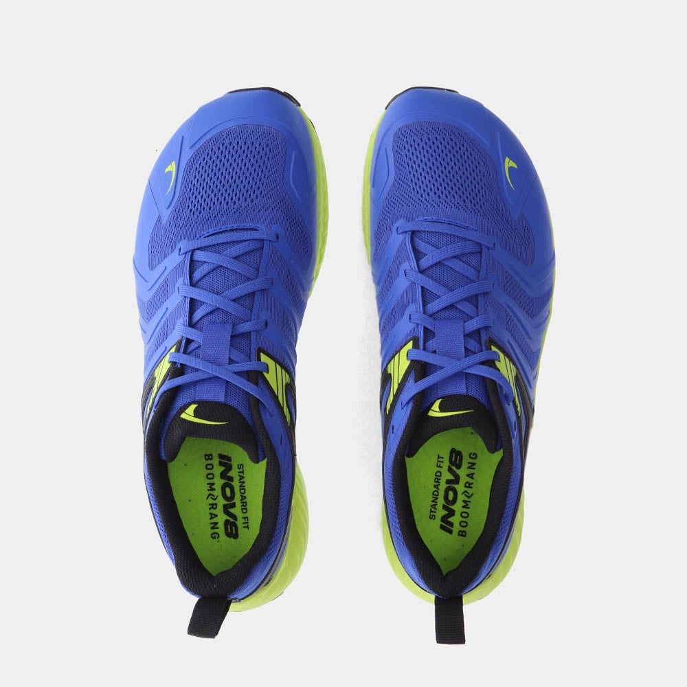 Pair of INOV8 TrailTalon trail running shoes, blue and lime, top view