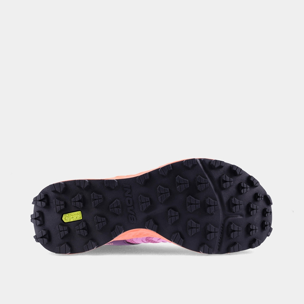 INOV8 TrailTalon trail running shoes, purple and coral, bottom view
