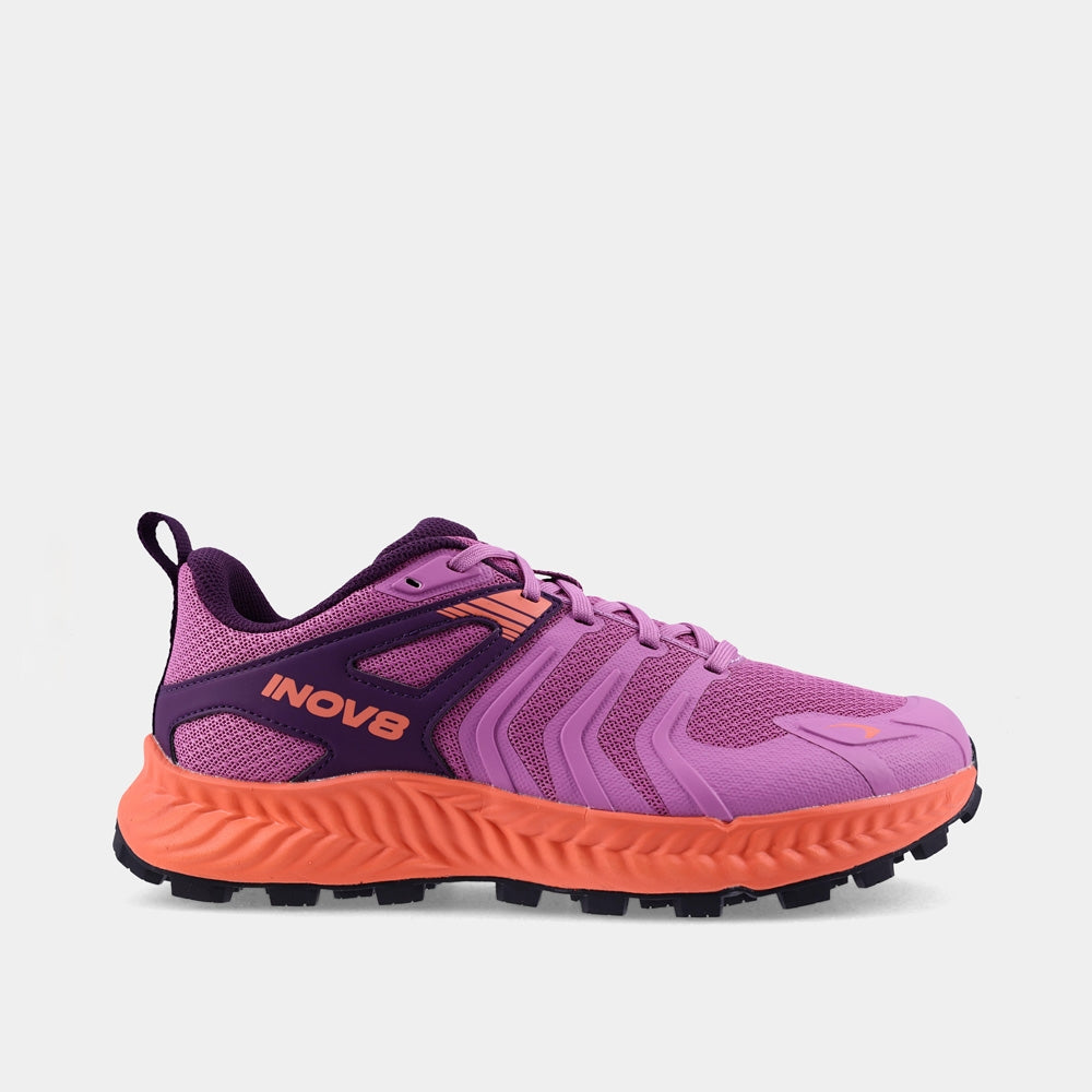 INOV8 TrailTalon trail running shoes, purple and coral, outer view