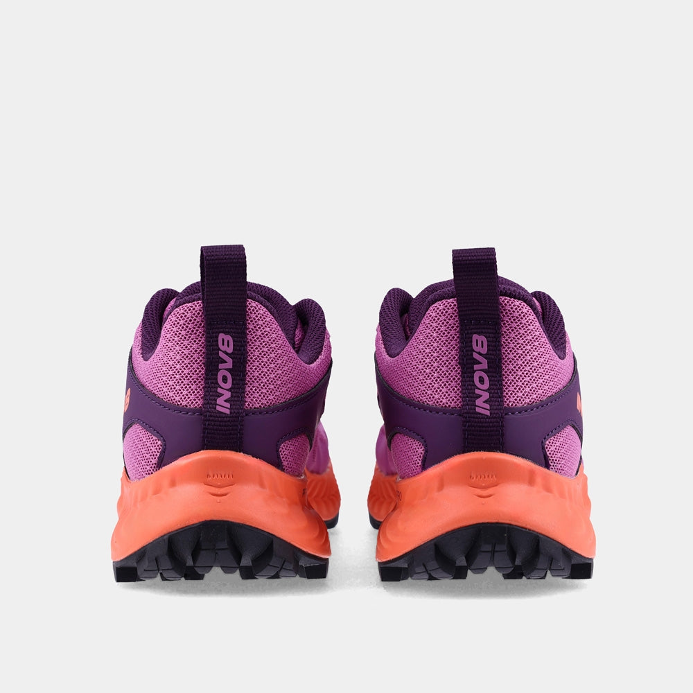 Pair of INOV8 TrailTalon trail running shoes, purple and coral, back view