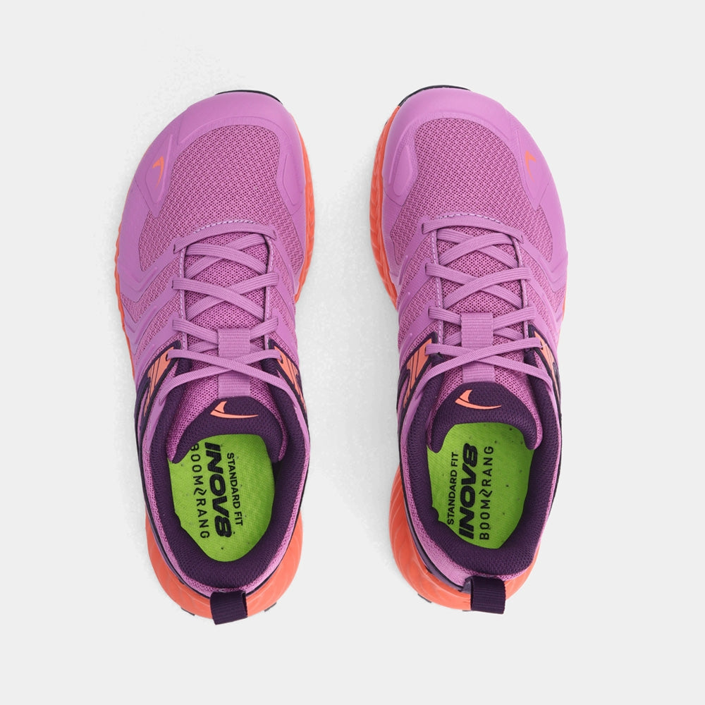 Pair of INOV8 TrailTalon trail running shoes, purple and coral, top view