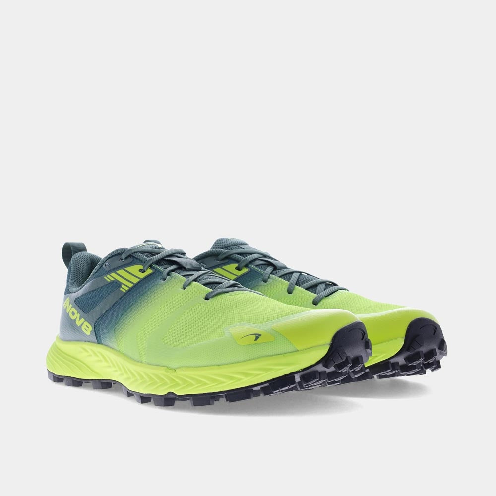 Pair of INOV8 TrailTalon Speed trail running shoes, lime and forest green, angled view