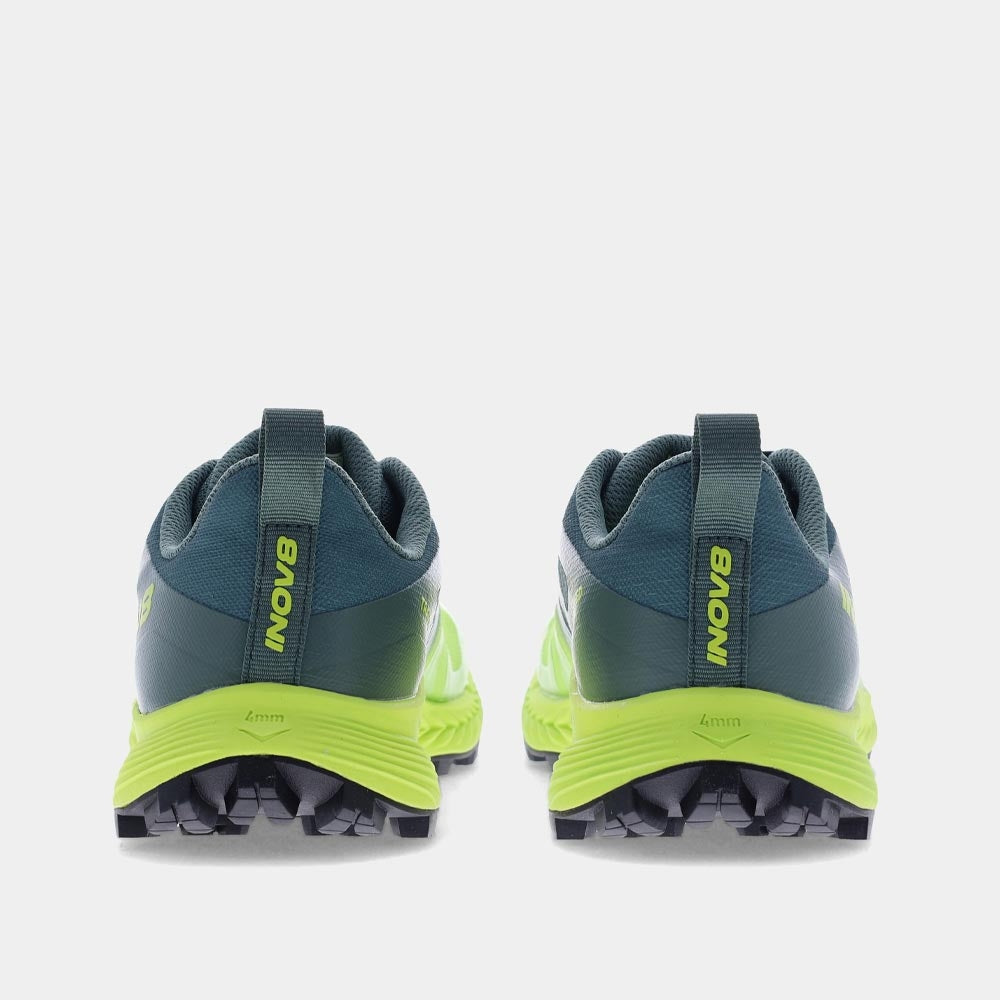 Pair of INOV8 TrailTalon Speed trail running shoes, lime and forest green, back view