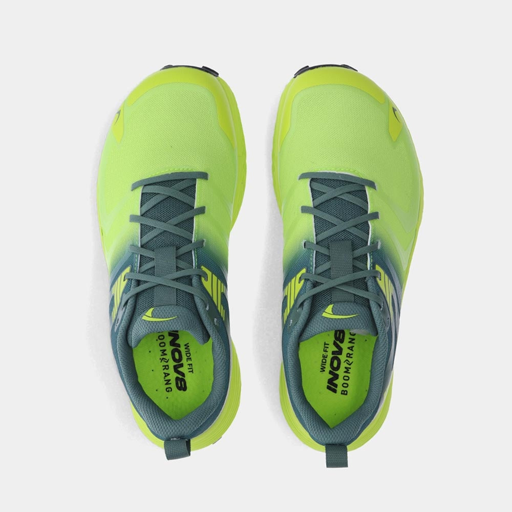 Pair of INOV8 TrailTalon Speed trail running shoes, lime and forest green, top view