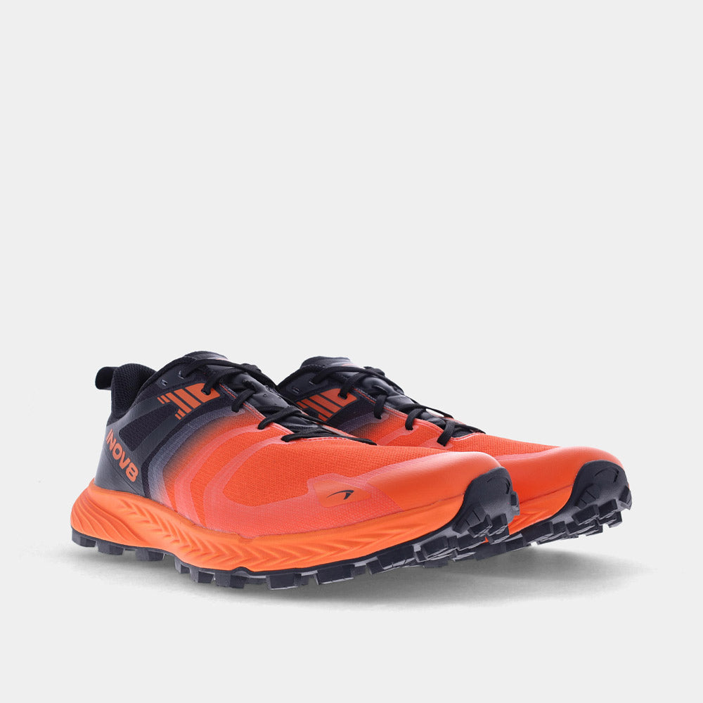 Pair of INOV8 TrailTalon Speed trail running shoes, orange and black, angled view