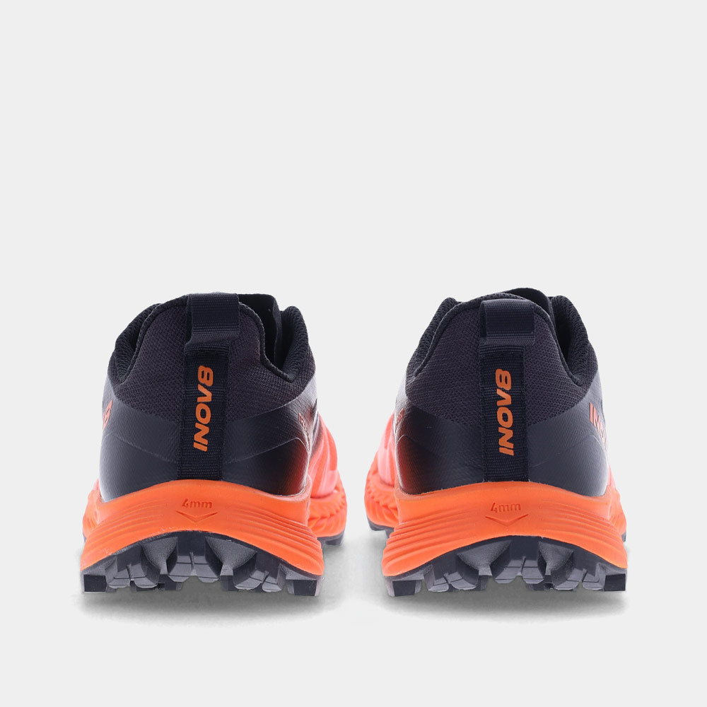 Pair of INOV8 TrailTalon Speed trail running shoes, orange and black, back view