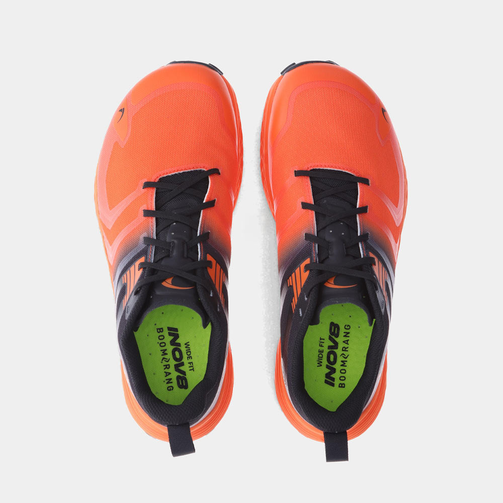 Pair of INOV8 TrailTalon Speed trail running shoes, orange and black, top view