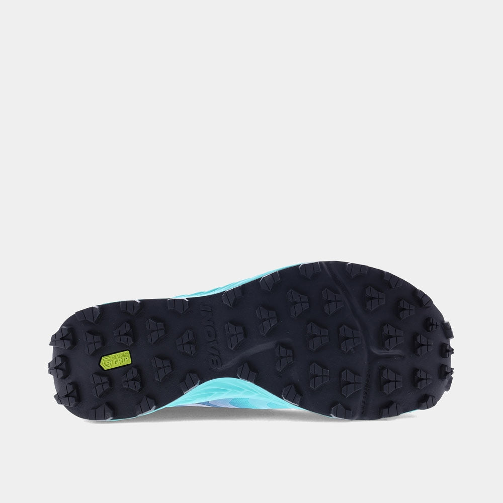 INOV8 TrailTalon Speed trail running shoes, teal and blue, bottom view