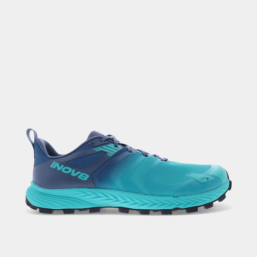INOV8 TrailTalon Speed trail running shoes, teal and blue, outer view