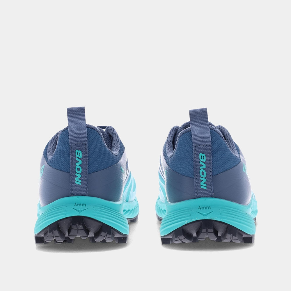 Pair of INOV8 TrailTalon Speed trail running shoes, teal and blue, back view