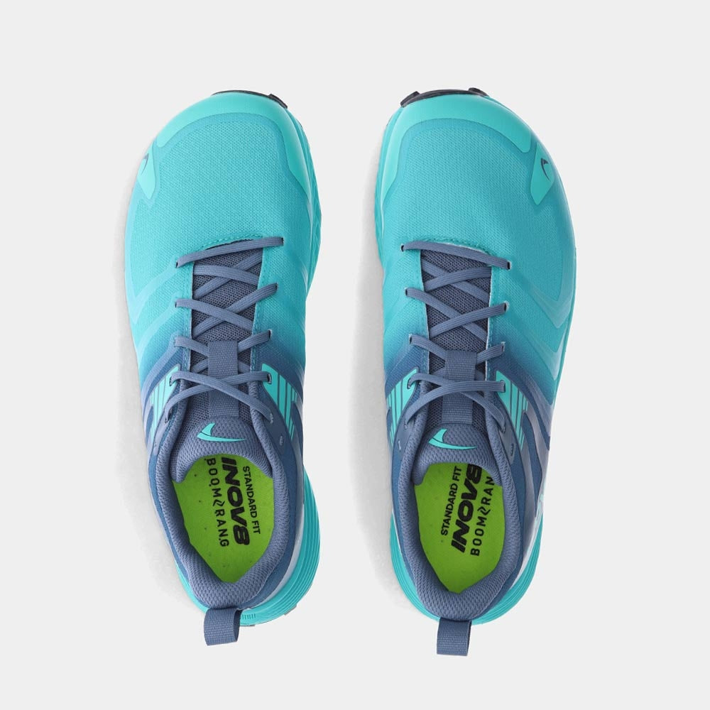 Pair of INOV8 TrailTalon Speed trail running shoes, teal and blue, top view